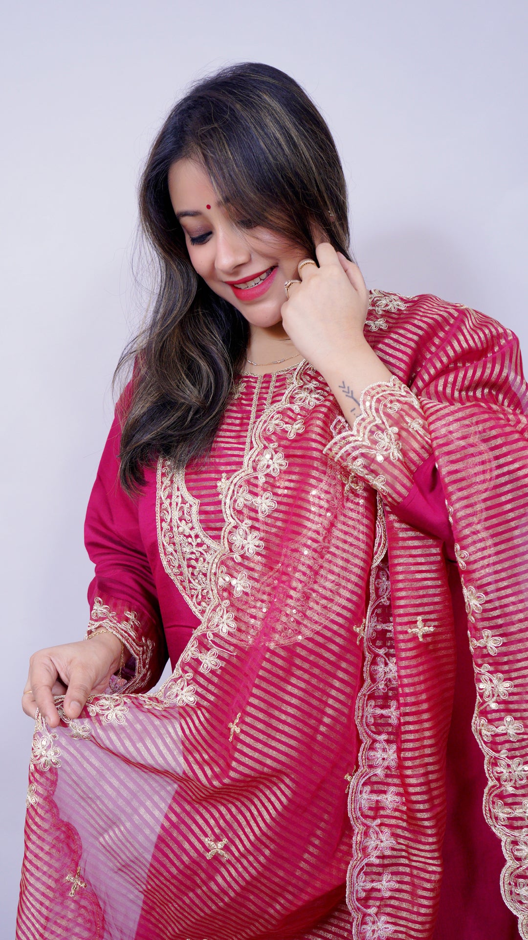 Fabric texture of cotton silk embroidered maroon suit set – elegant ethnic wear for women