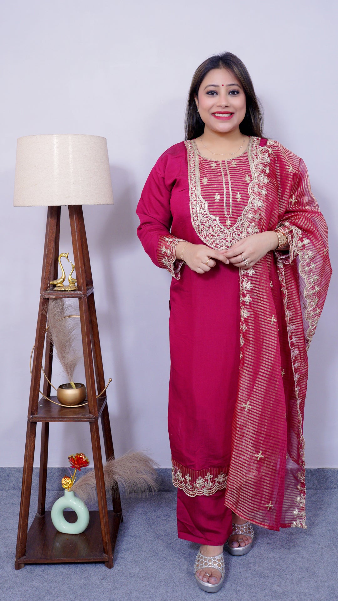 Front view of cotton silk embroidered maroon suit set – Riwayat festive ethnic wear