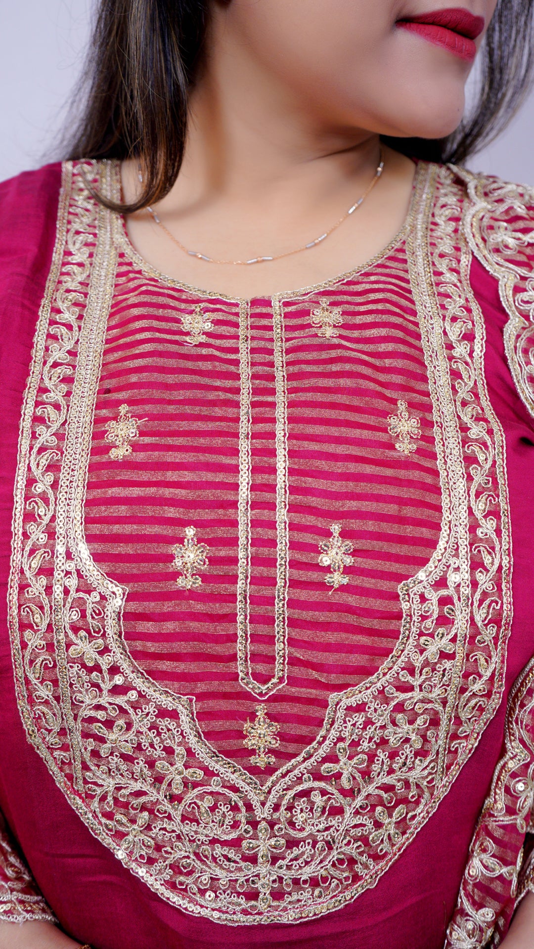 Neckline detail of cotton silk embroidered maroon suit set – Riwayat ethnic design