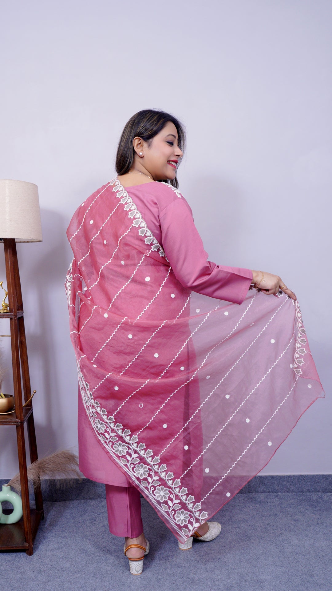 Back view of cotton silk suit set with white intricate thread work – Riwayat festive collection