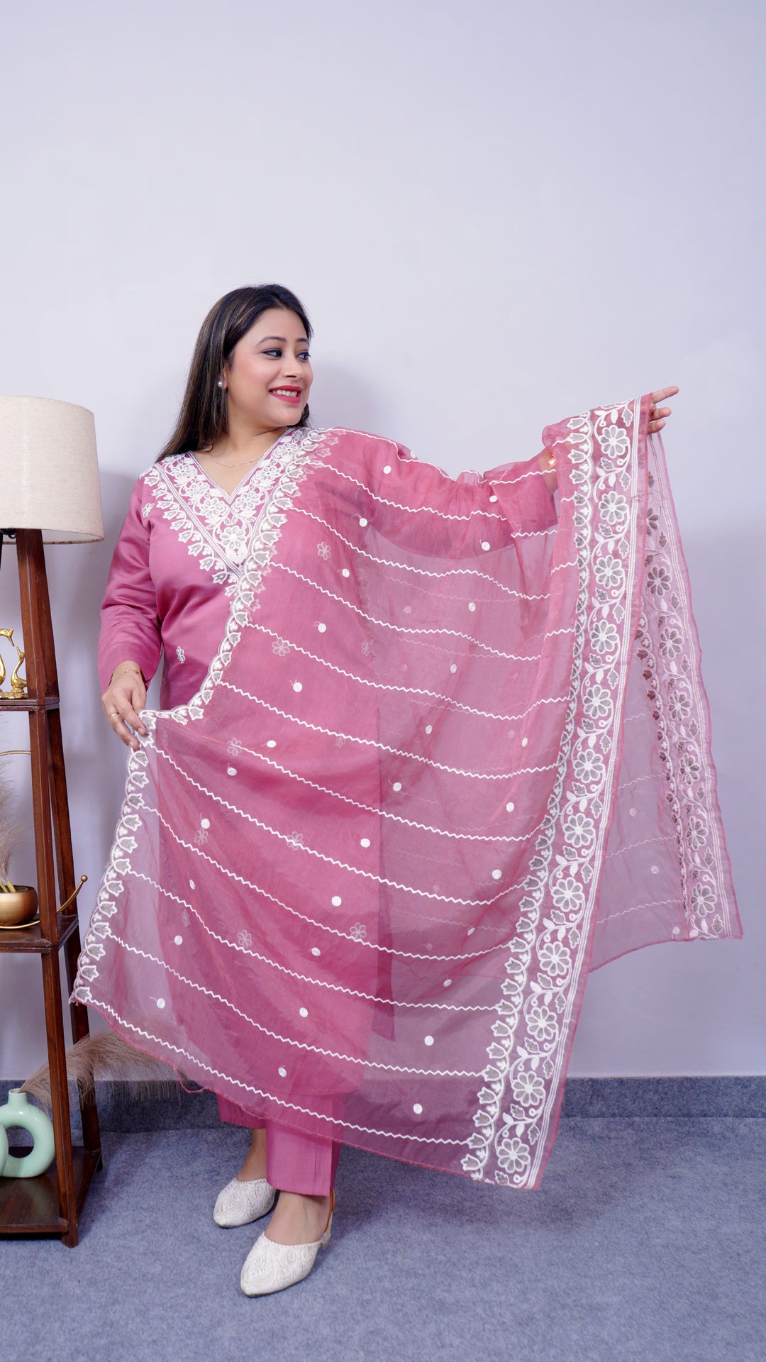Fabric texture of cotton silk suit set with white intricate thread work – elegant ethnic wear for women