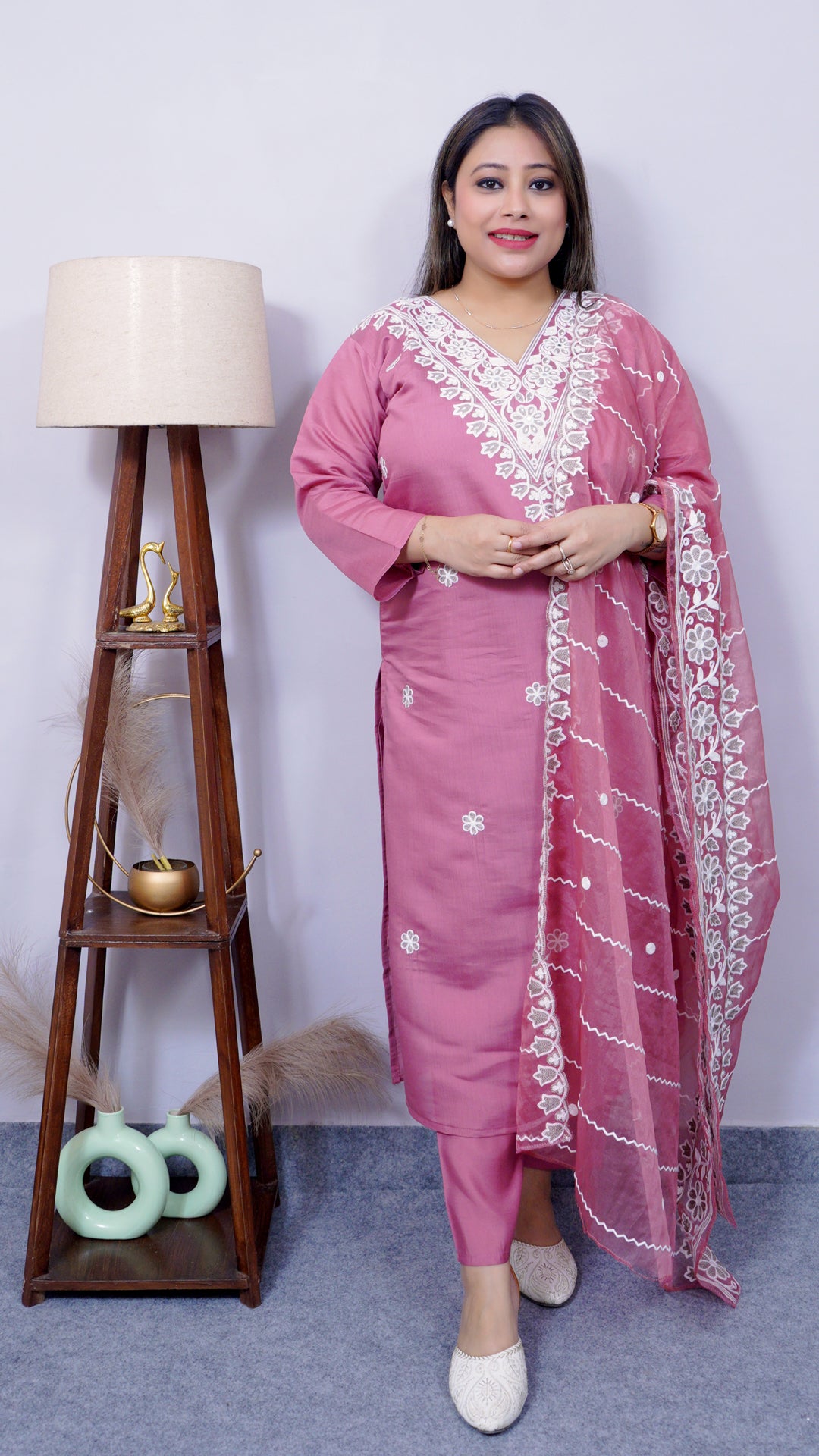 Front view of cotton silk suit set with white intricate thread work – Riwayat festive ethnic suit