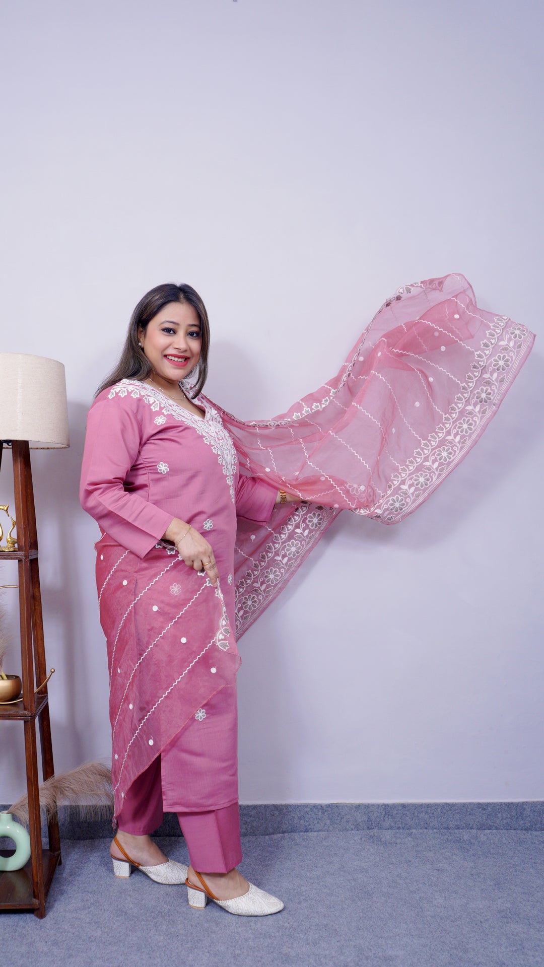 Model styling cotton silk suit set with white intricate thread work – Riwayat festive wear