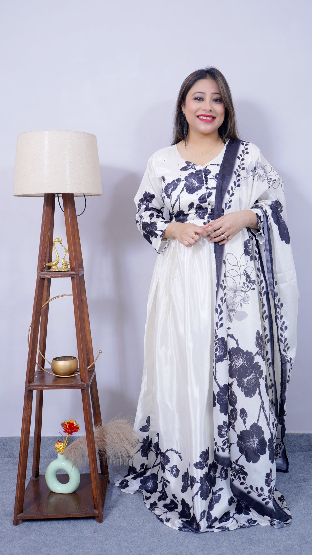 Front view of ivory two-piece gown set – Riwayat festive ethnic gown for women