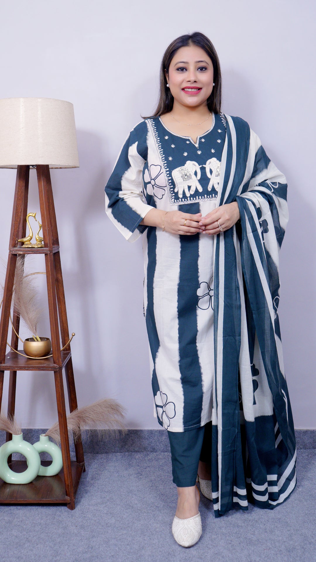 Front view of pure cotton kurta set with white embroidery – elegant casual ethnic wear