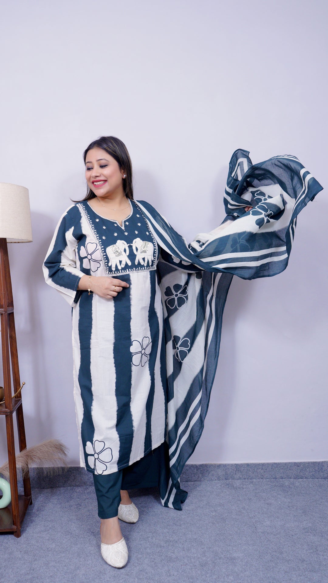 Model styling pure cotton kurta set with white embroidery – women’s ethnic suit set