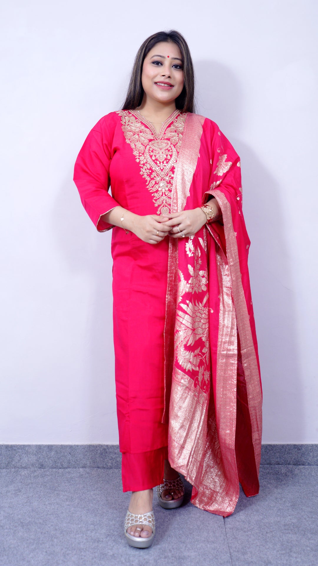Front view of royal pink suit set with Banarsi dupatta – Riwayat festive collection