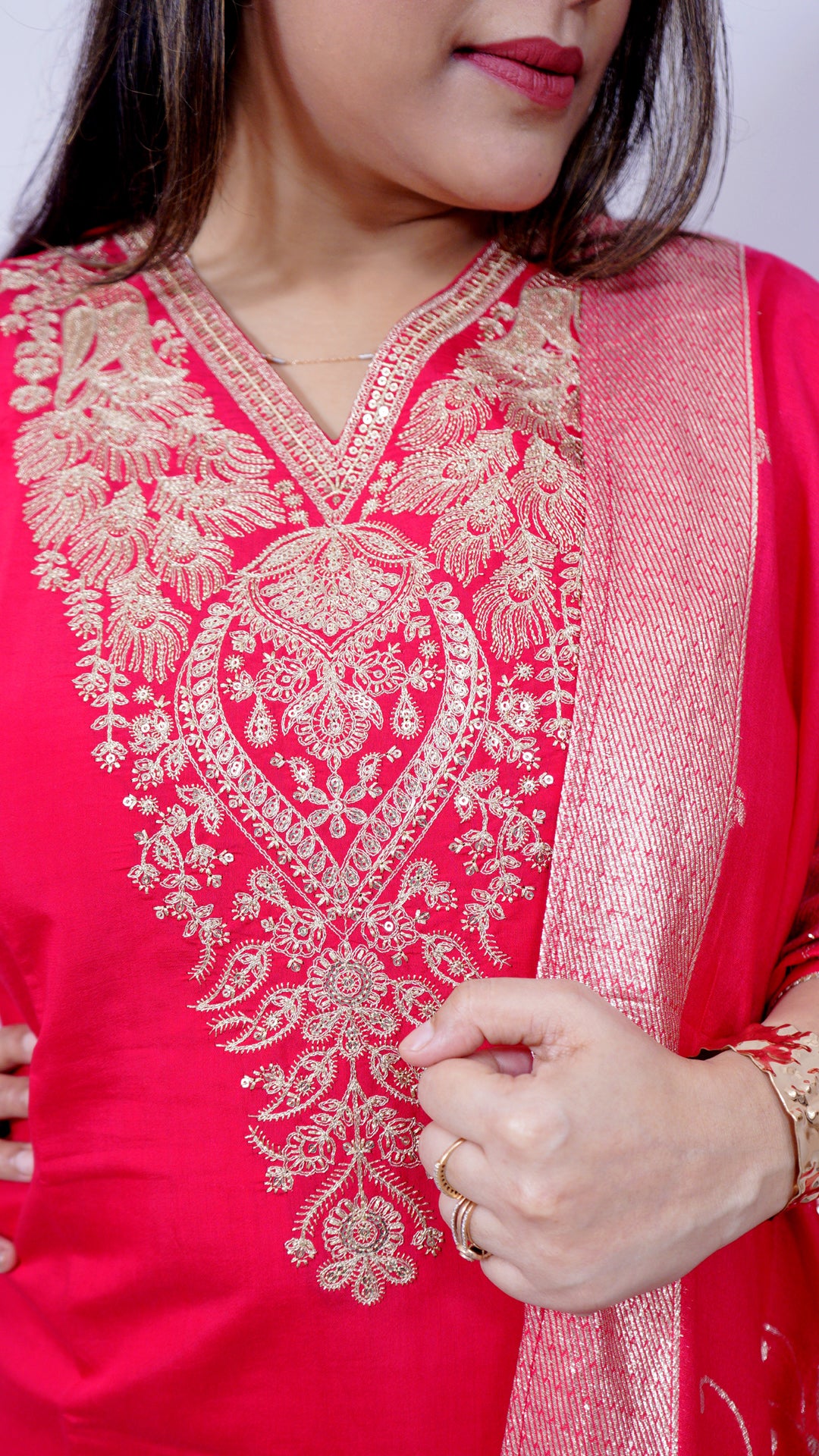 Neckline detail of royal pink festive suit set with Banarsi dupatta – Riwayat collection