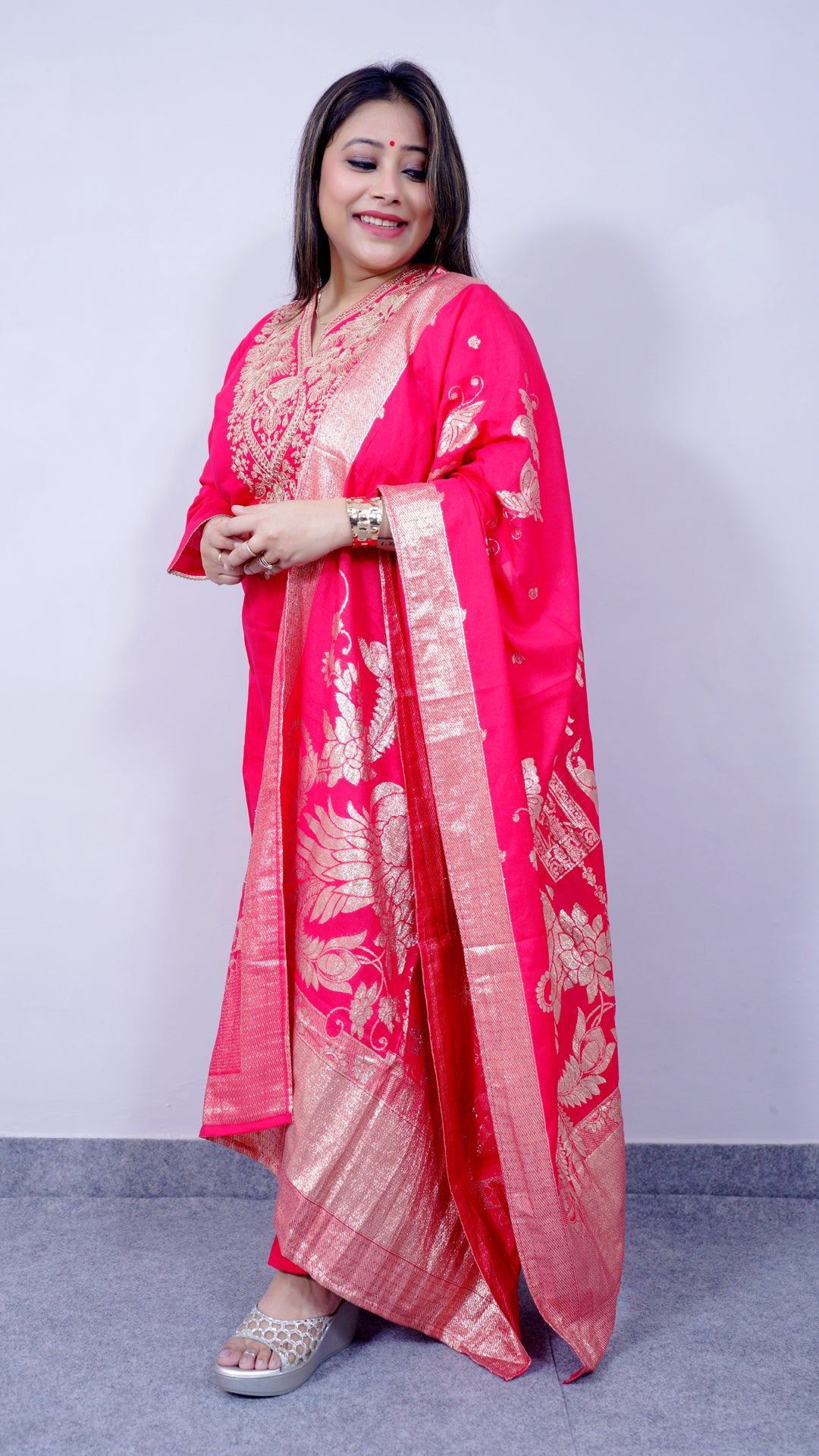 Side view of royal pink festive suit set with Banarsi dupatta – Riwayat women’s ethnic wear
