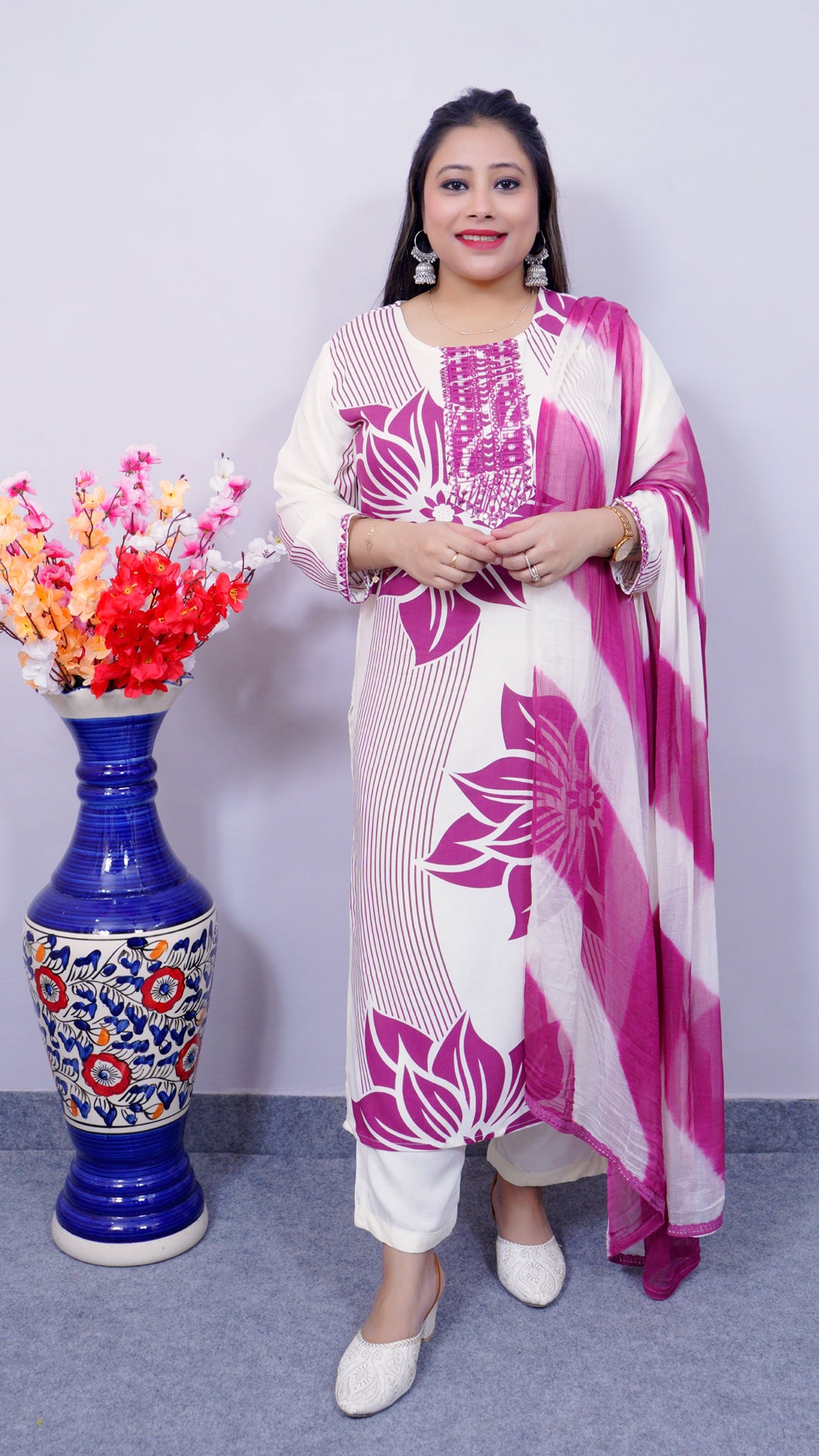 Front view of white floral viscose rayon suit set – elegant ethnic daily wear