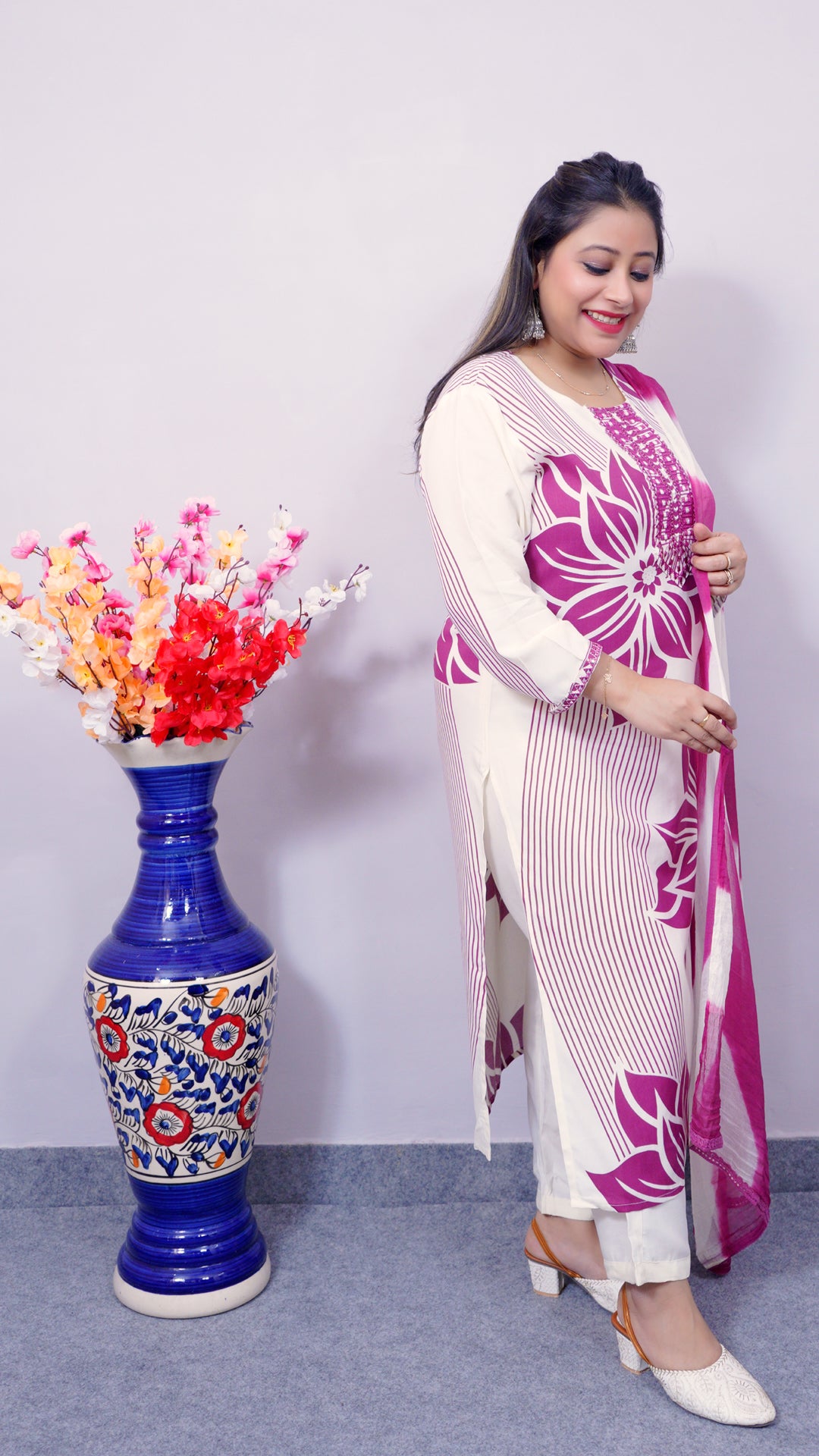 Side view of white floral viscose rayon suit set – comfortable ethnic wear